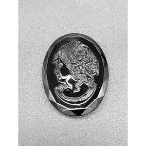 Vintage Black Amethyst Glass Cameo Brooch, Czech Glass, Marked, Great Condition